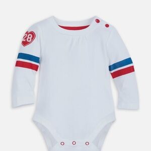 White Long Sleeve Baby Onesie with Red and Blue Accents